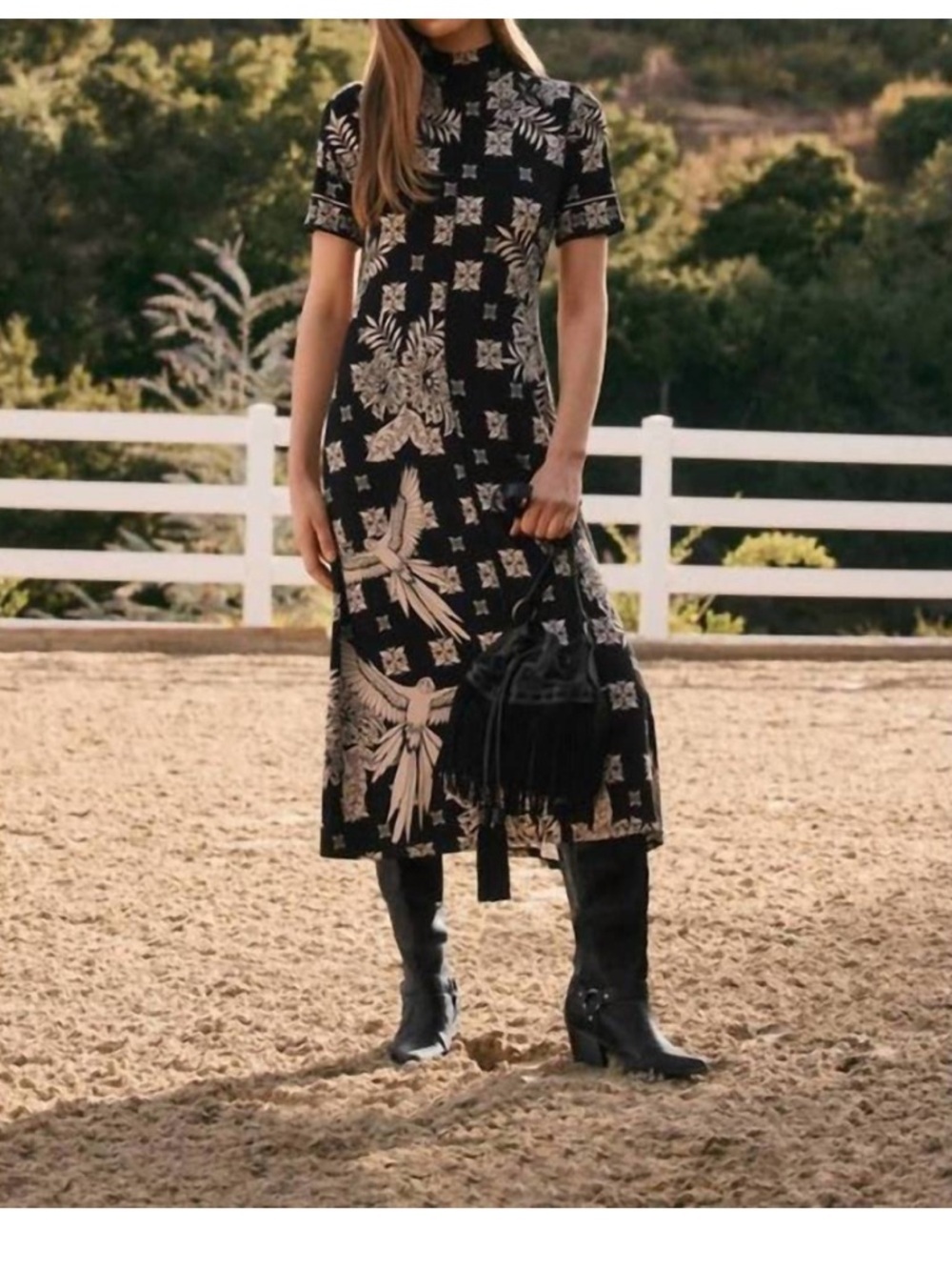 NEW JOHNNY WAS janie short sleeve seamed mock neck dress in myna